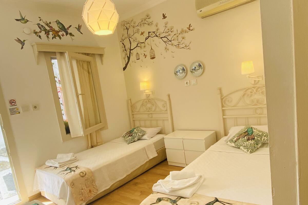 Quarto de hotel com duas camas de solteiro, janela com cortinas, um mural de aves na parede e luminária no teto.