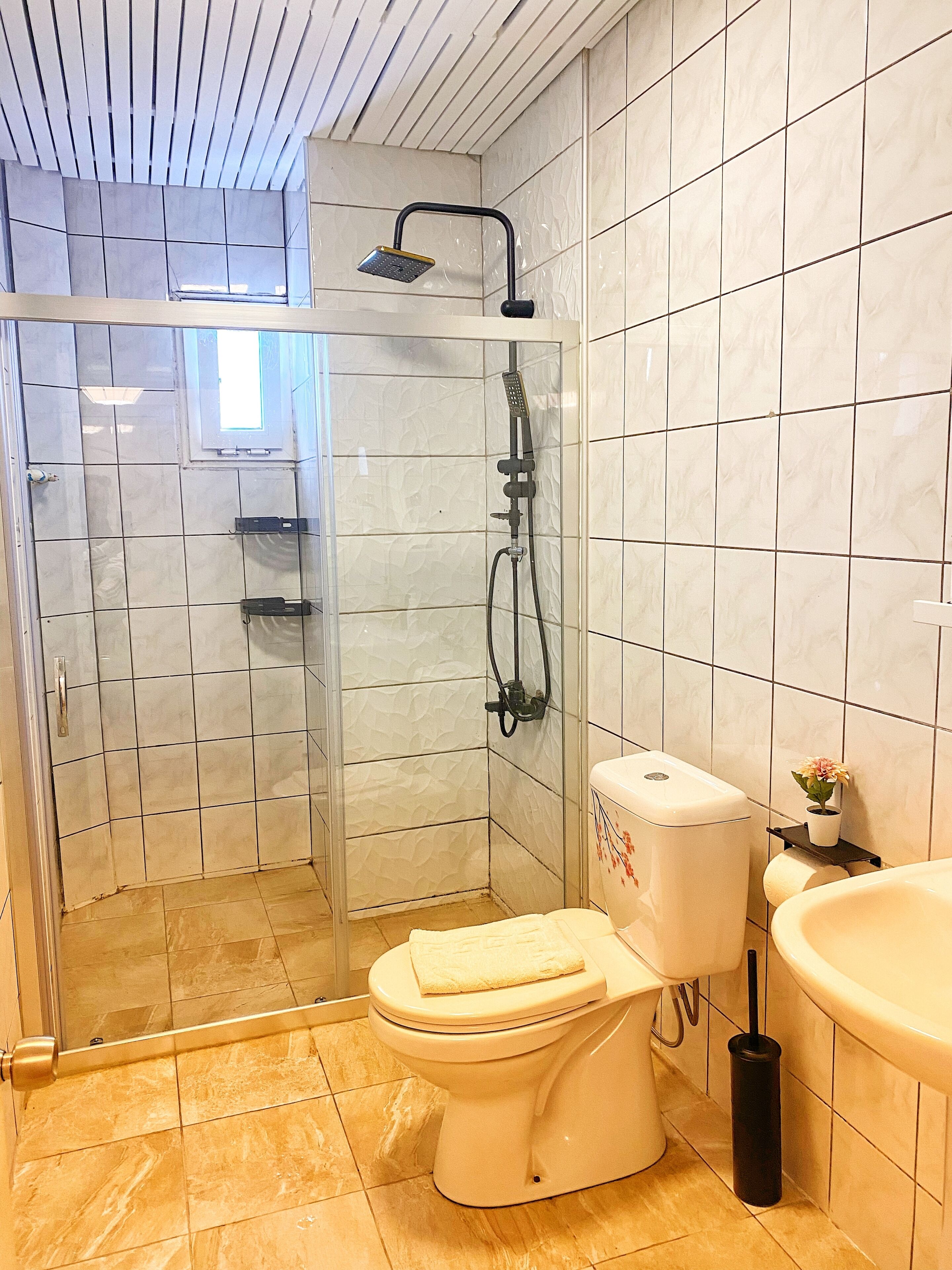 A bathroom with a glass-enclosed shower, a toilet, and a sink.