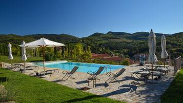 Outdoor pool, pool umbrellas, pool loungers