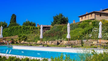 Outdoor pool, pool umbrellas, sun loungers