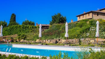 Piscina all'aperto, ombrelloni da piscina, lettini