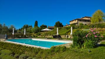 Outdoor pool, pool umbrellas, pool loungers