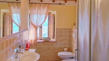 Ein Badezimmer mit Holzboden, einem Waschbecken, einer Toilette und einem Fenster mit Vorhängen.