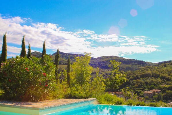 Outdoor pool, pool umbrellas, pool loungers