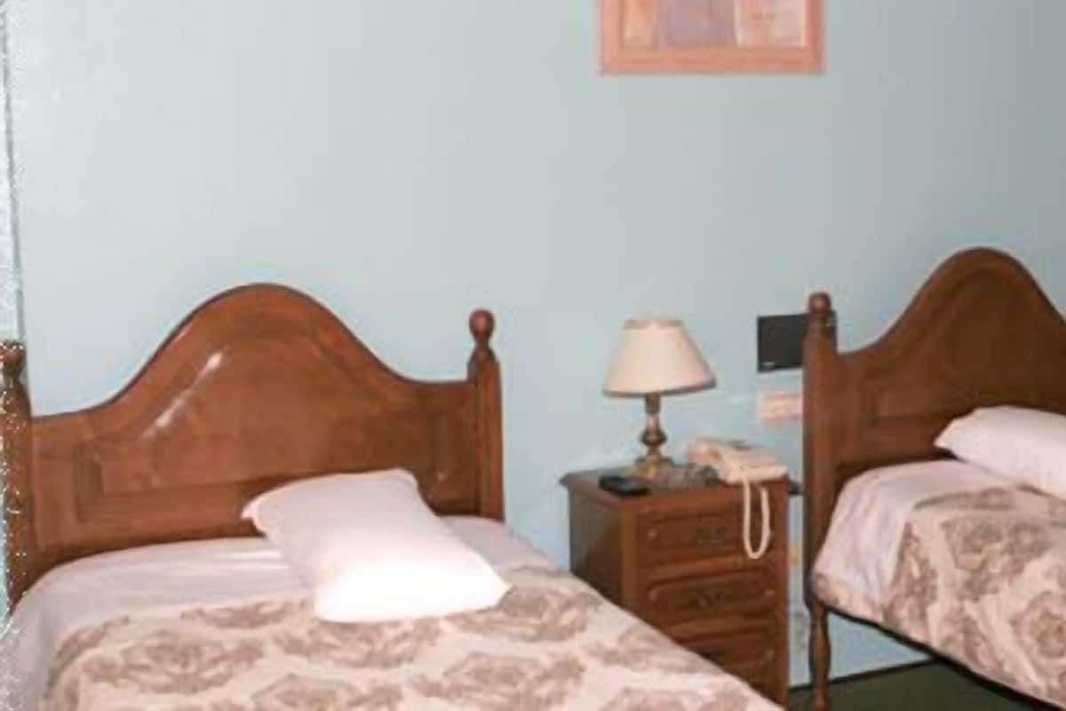 A room with two wooden beds with patterned bedding, a bedside table with a lamp, and a chair.