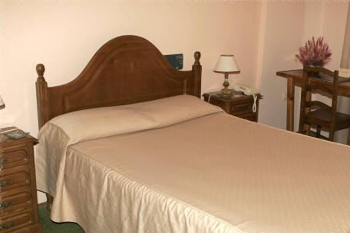 A single bed with a wooden headboard, a bedside table with a lamp, and a small desk with a telephone.