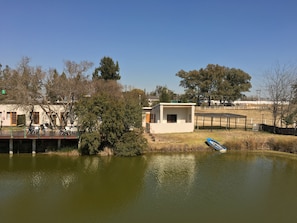 Vista su un lago con un piccolo molo, una barca e un edificio con tetto verde.