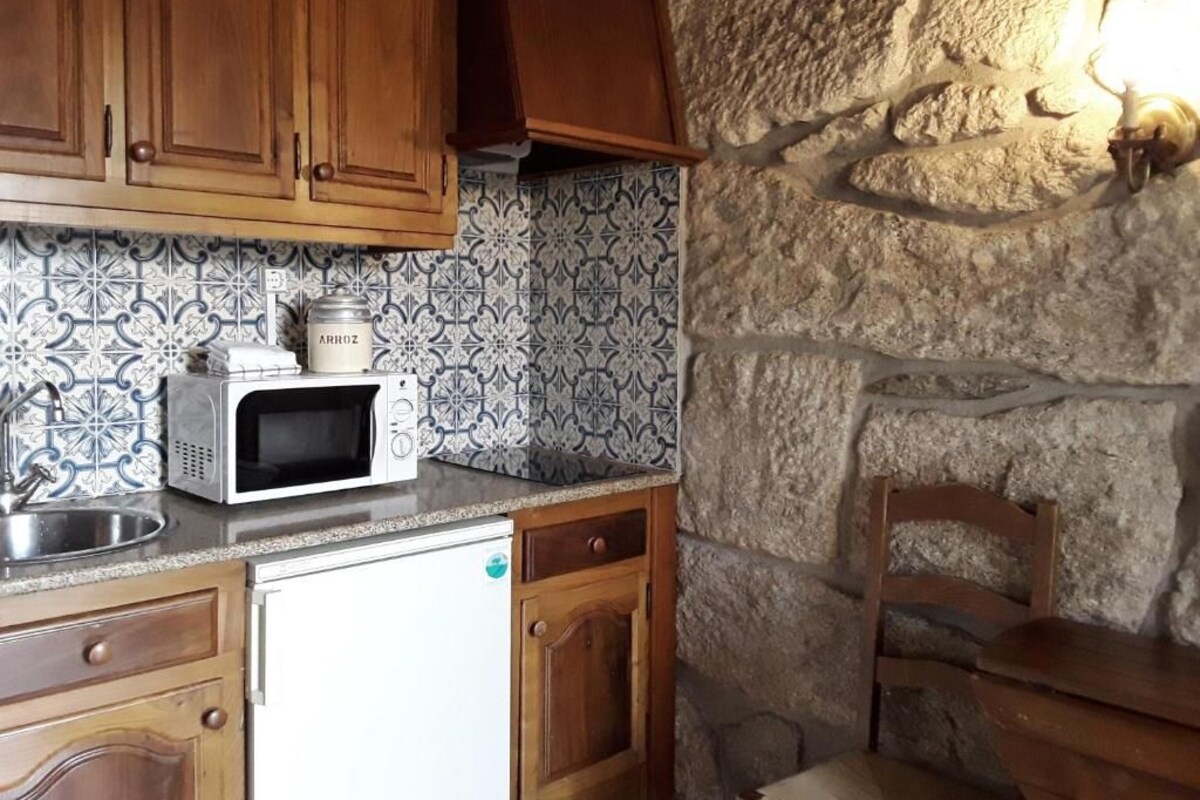 Uma cozinha com micro-ondas, geladeira, armários de madeira, parede de pedra e pia.