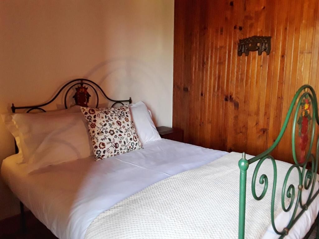 Una cama individual con cabecera, un cojín estampado y estructura de metal verde.