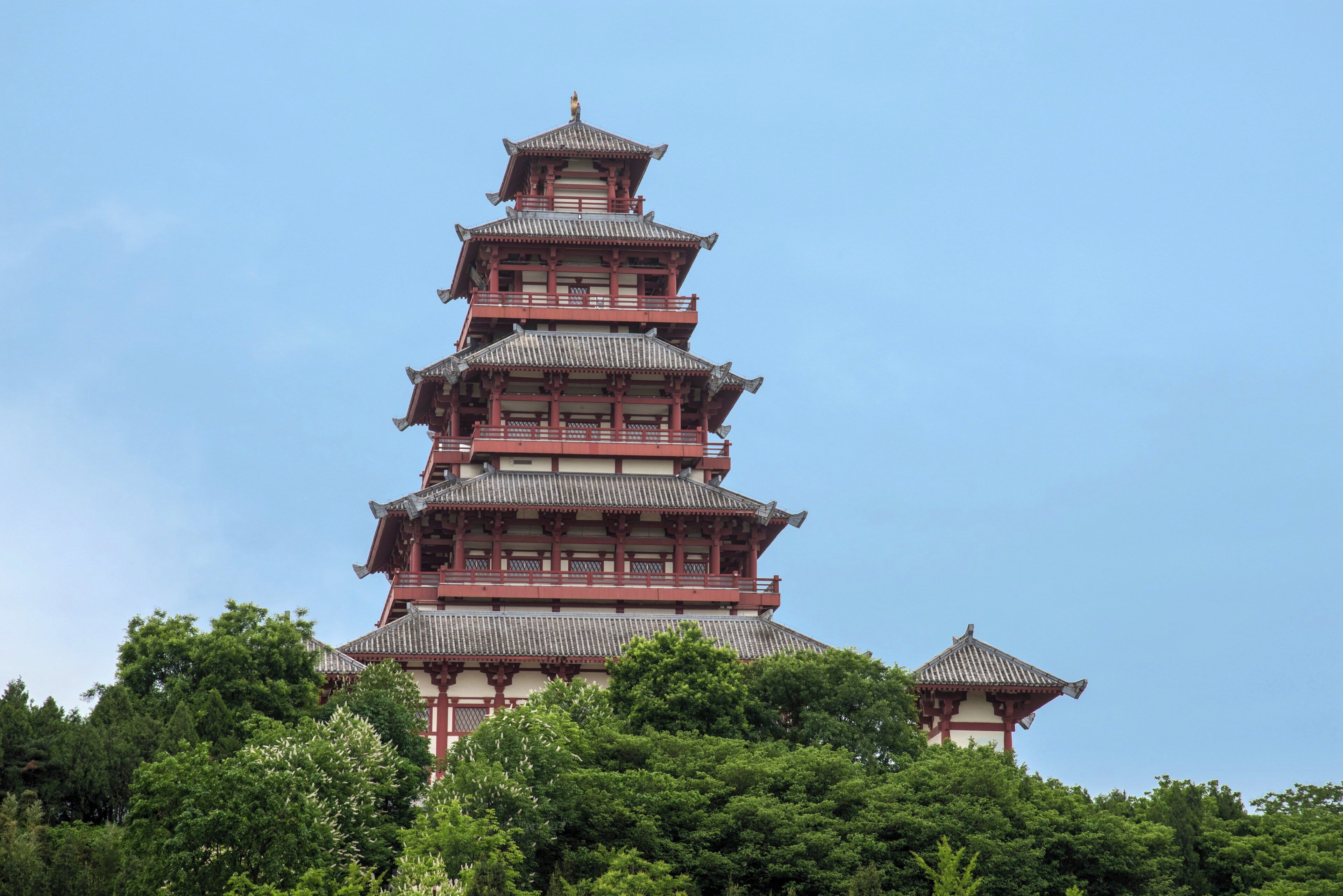 A multi-tiered pagoda-style building with traditional architecture.