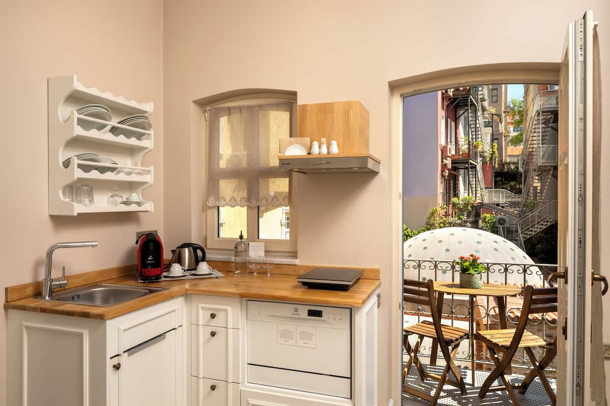 Apartment, 1 Bedroom, Balcony, City View (Additional Building) | Private kitchen | Coffee/tea maker, electric kettle, eco-friendly cleaning products