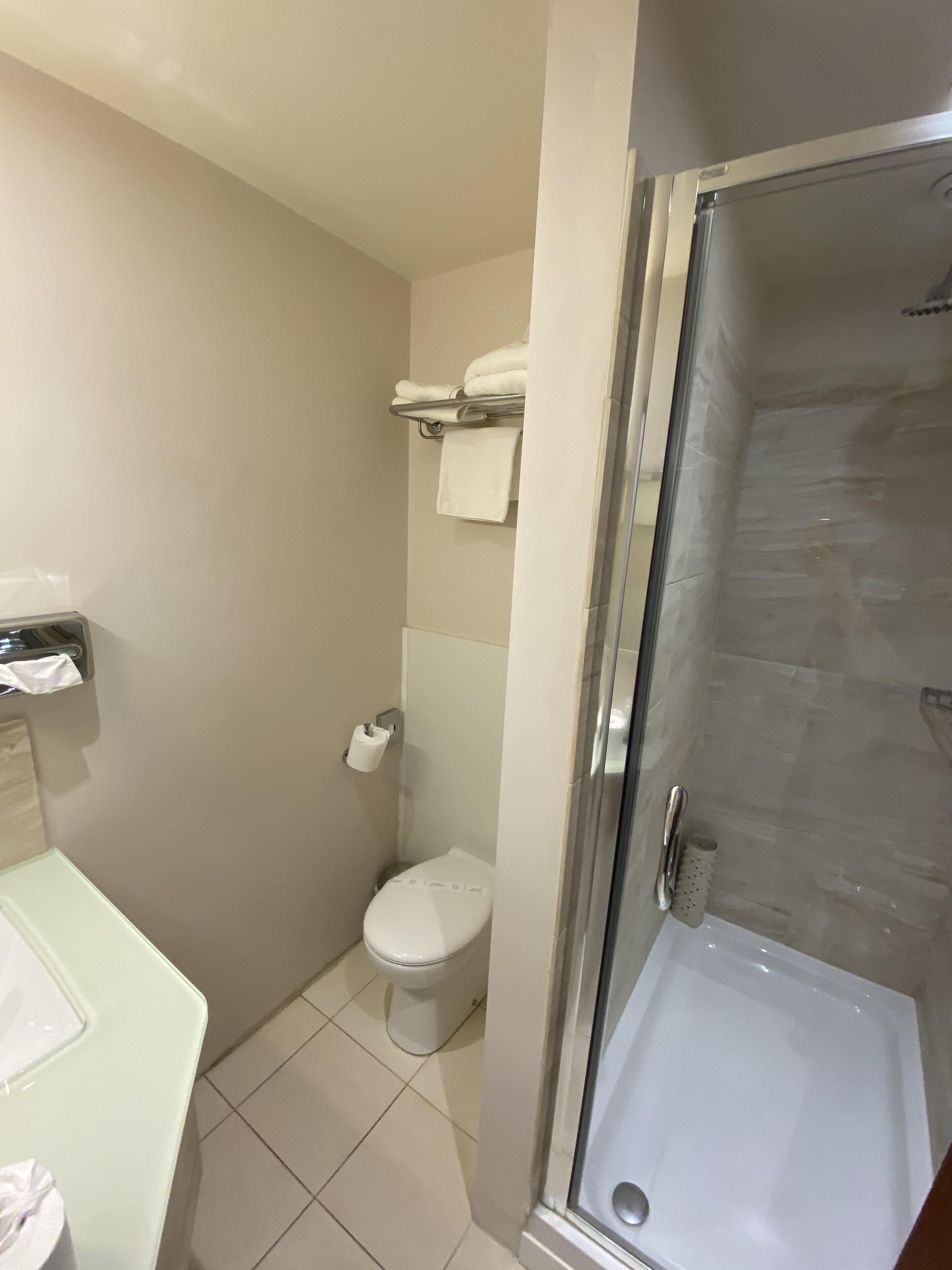 A bathroom with a toilet, a shower, and a sink.