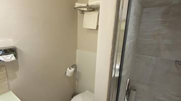 A bathroom with a toilet, a shower, and a sink.
