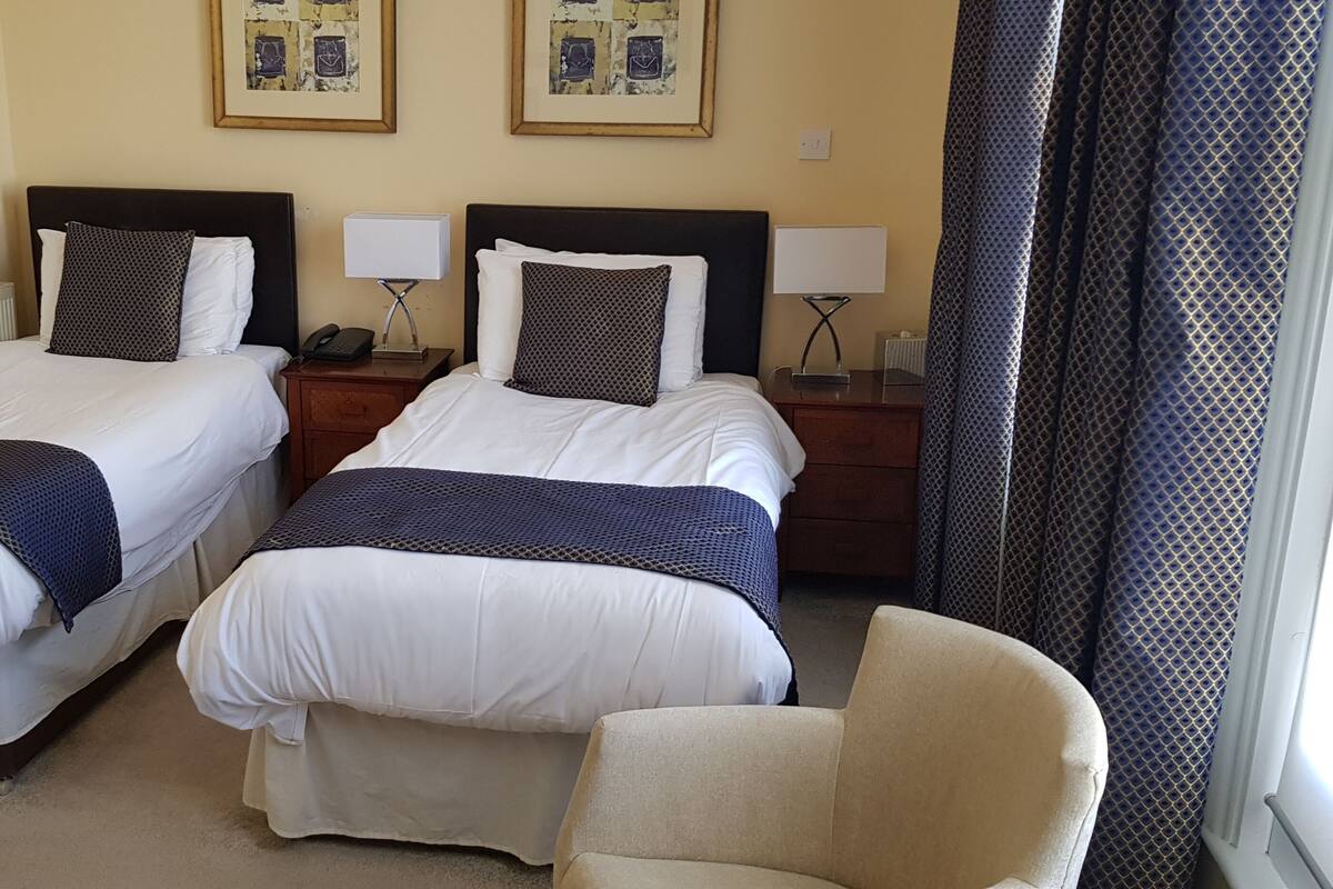 A hotel room with two single beds, each with a pillow and a blanket. There is a chair and a nightstand with a lamp.