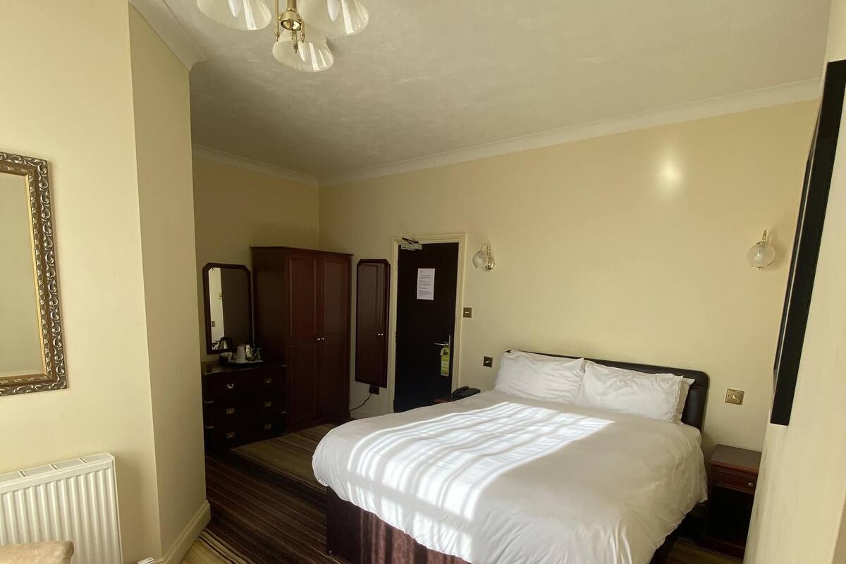 A hotel room with a large bed, a wooden floor, a radiator, a mirror, a wardrobe, and a door.