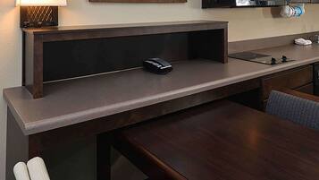 Premium bedding, desk, blackout drapes, iron/ironing board