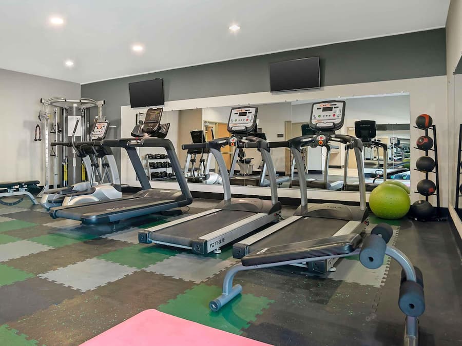 Een fitnessruimte met loopbanden, krachtapparaten en een spiegelwand.