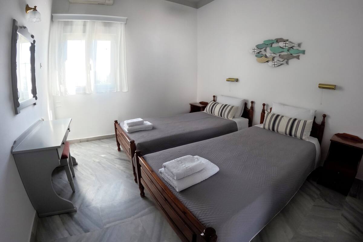 Un dormitorio con dos camas, un escritorio, un espejo y un equipo de aire acondicionado.
