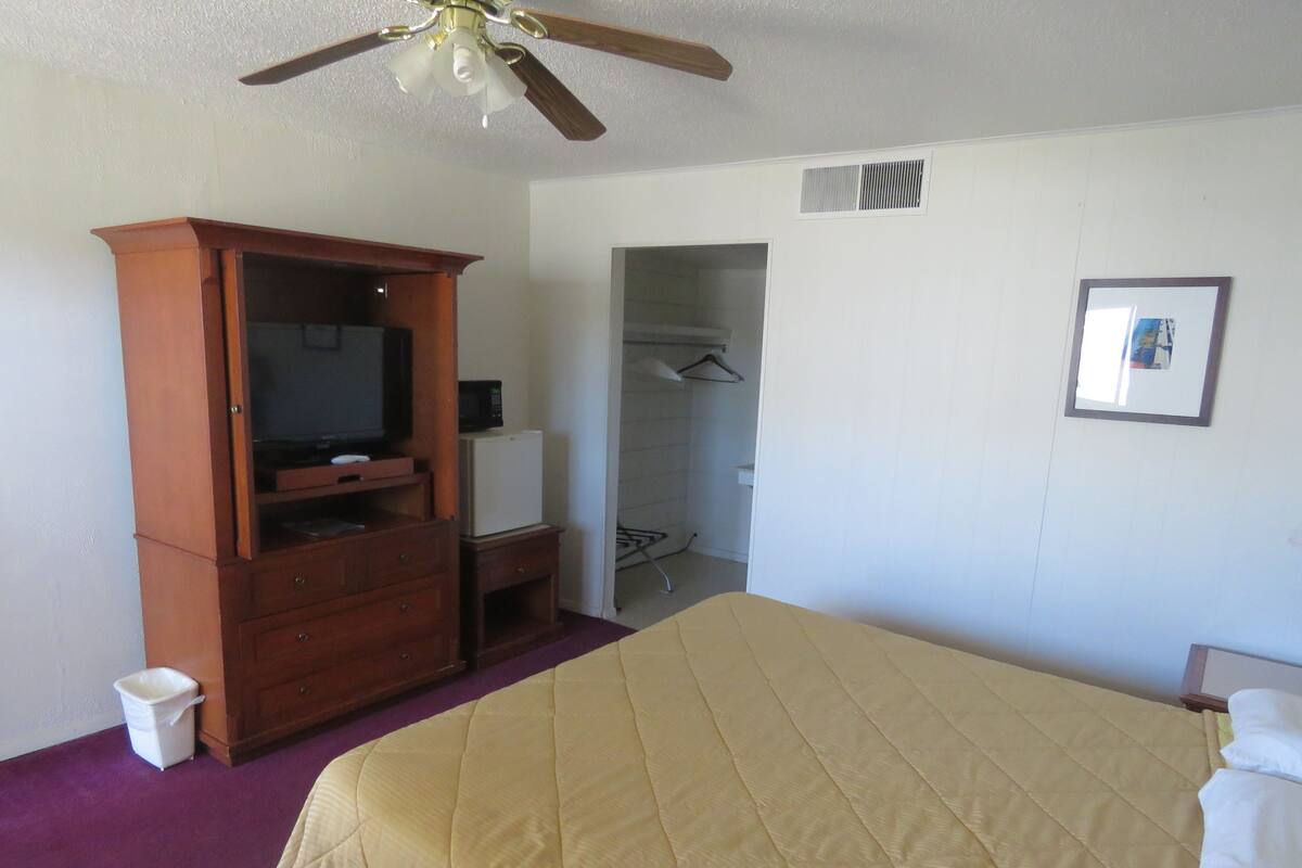Ein Hotelzimmer mit einem Bett, einem Holzschrank, einem Fernseher, einer Mikrowelle, einem Kleiderschrank und einem Deckenventilator.