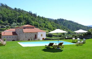 Seasonal outdoor pool, pool umbrellas, sun loungers
