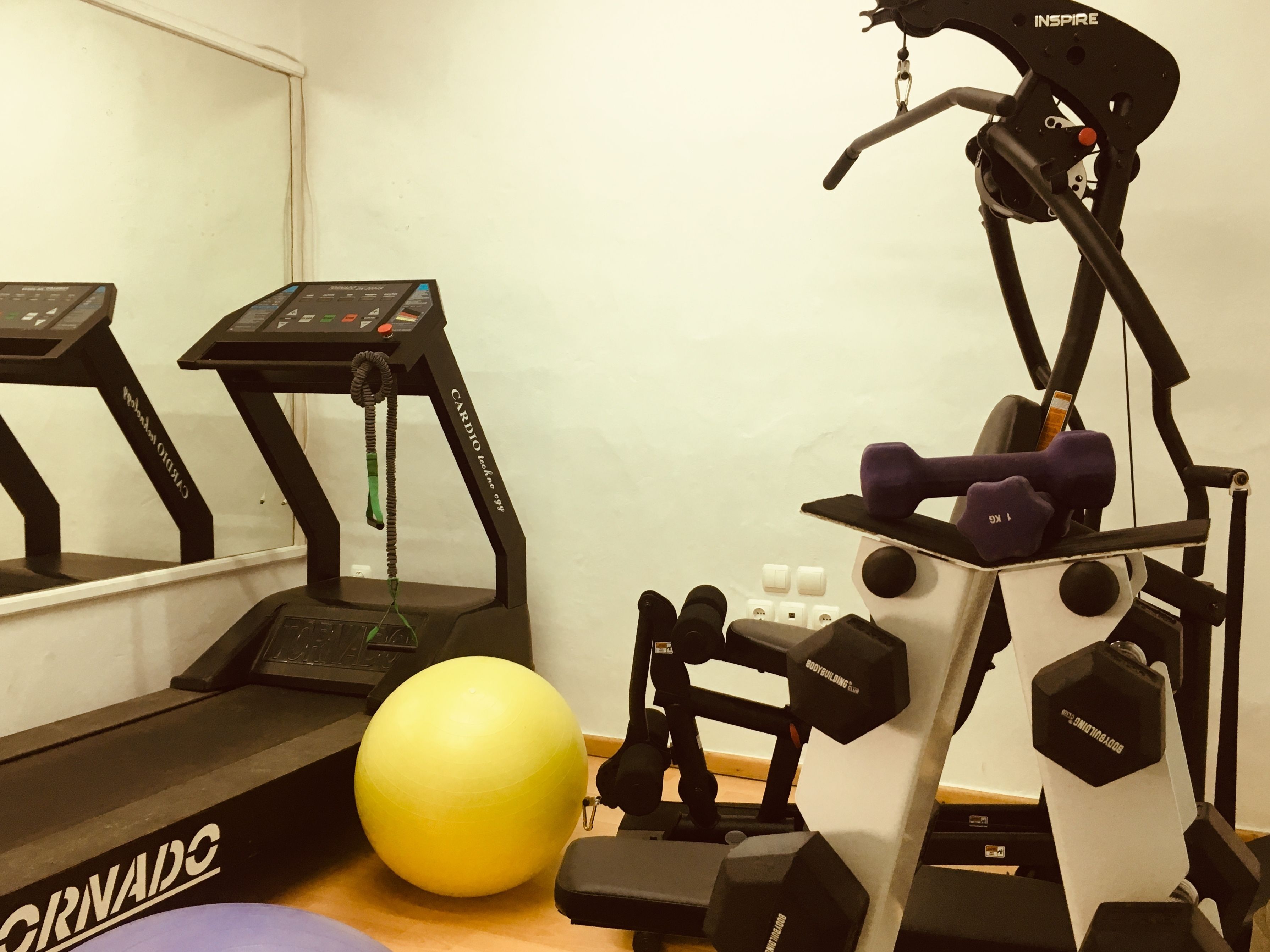 Ein Fitnessraum mit Laufbändern, einem Ergometer und Gewichten.
