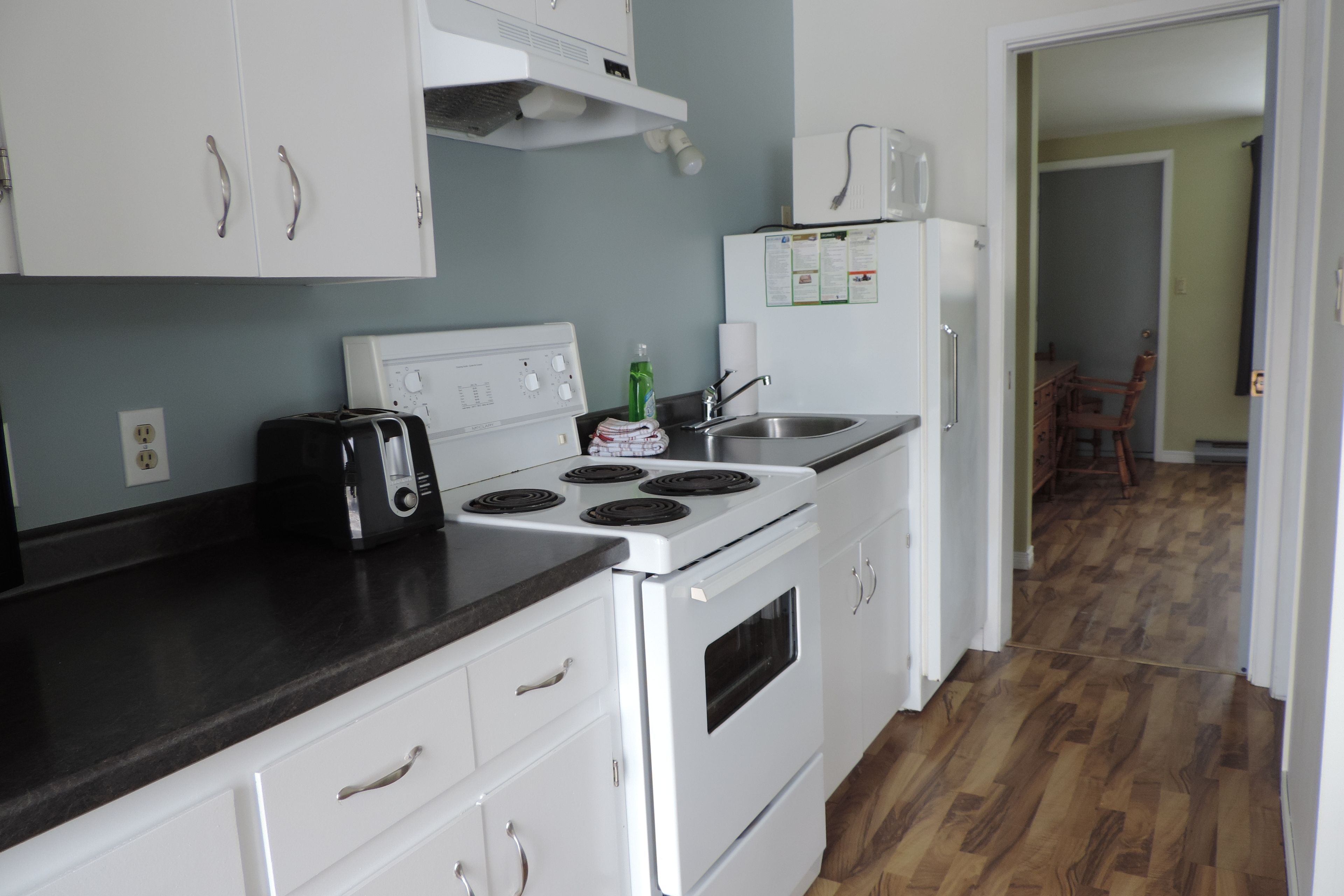 A kitchen with white cabinets, a stove, a microwave, and a sink.