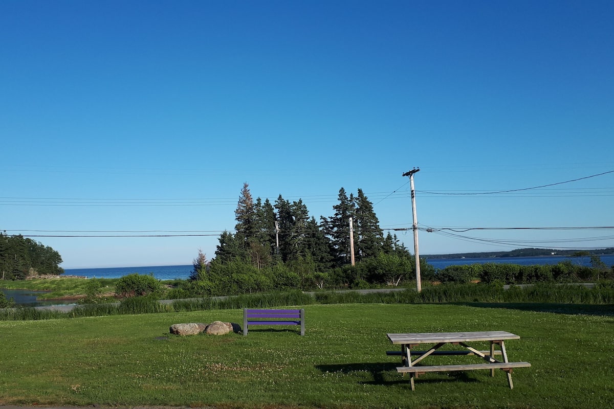 A grassy field with a bench and picnic table, a lake, and a forested hill.