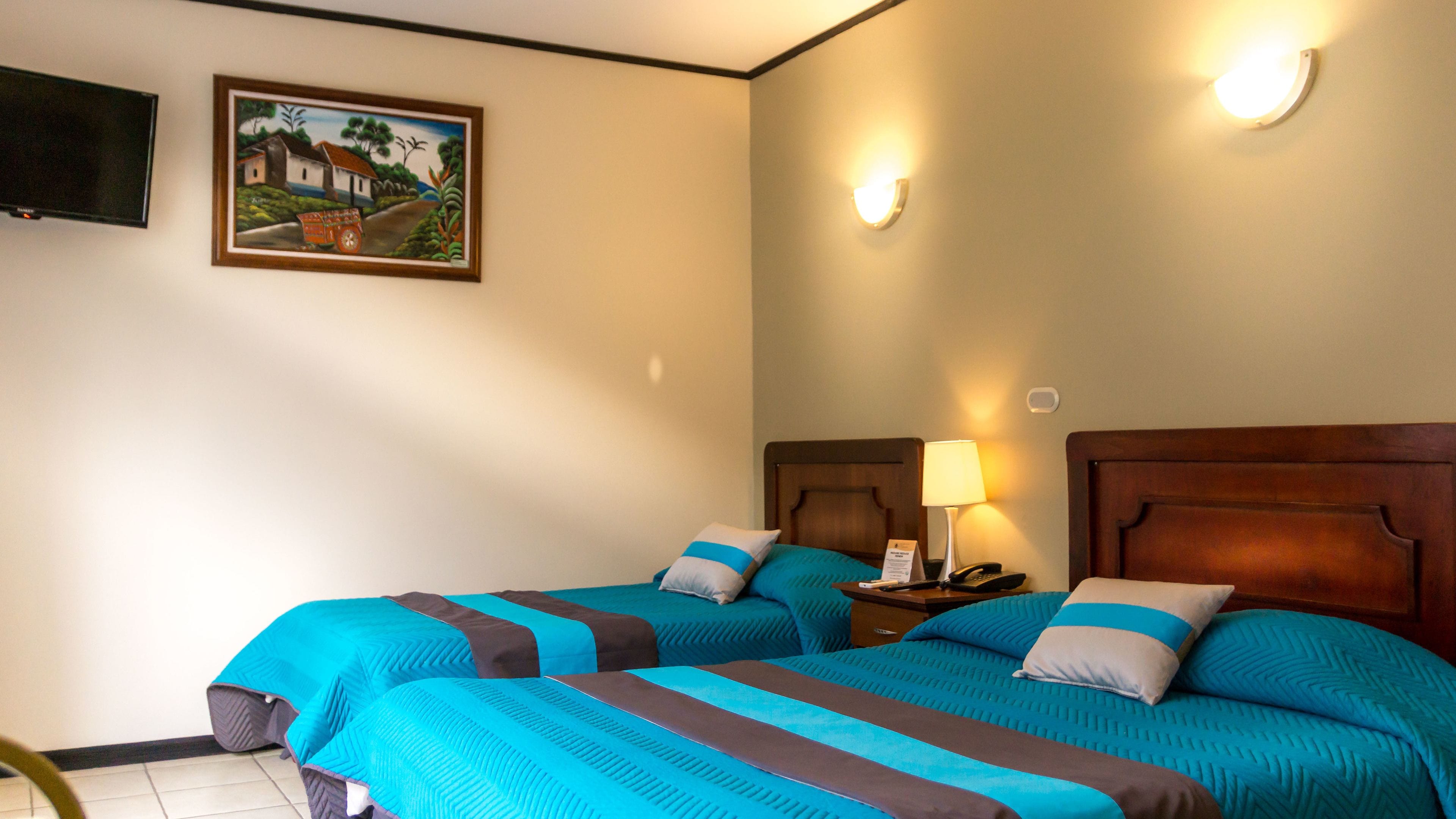 Habitació d'hotel amb dos llits, un quadre a la paret, un televisor i una làmpada de nit.