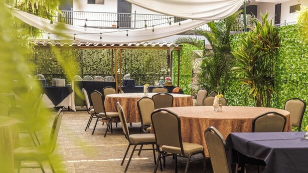 An outdoor dining area with round tables and chairs, covered by a canopy, surrounded by greenery.