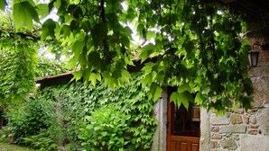 A stone cottage with a wooden door, surrounded by lush greenery and ivy.