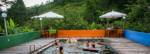 Seasonal outdoor pool, pool umbrellas, pool loungers