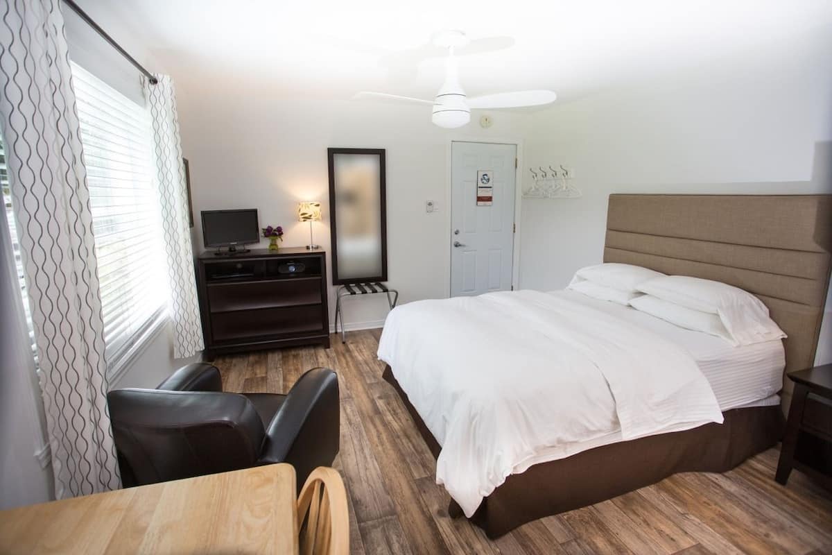 Una habitación de hotel con una cama, un escritorio, una silla, un televisor, un espejo y una puerta.