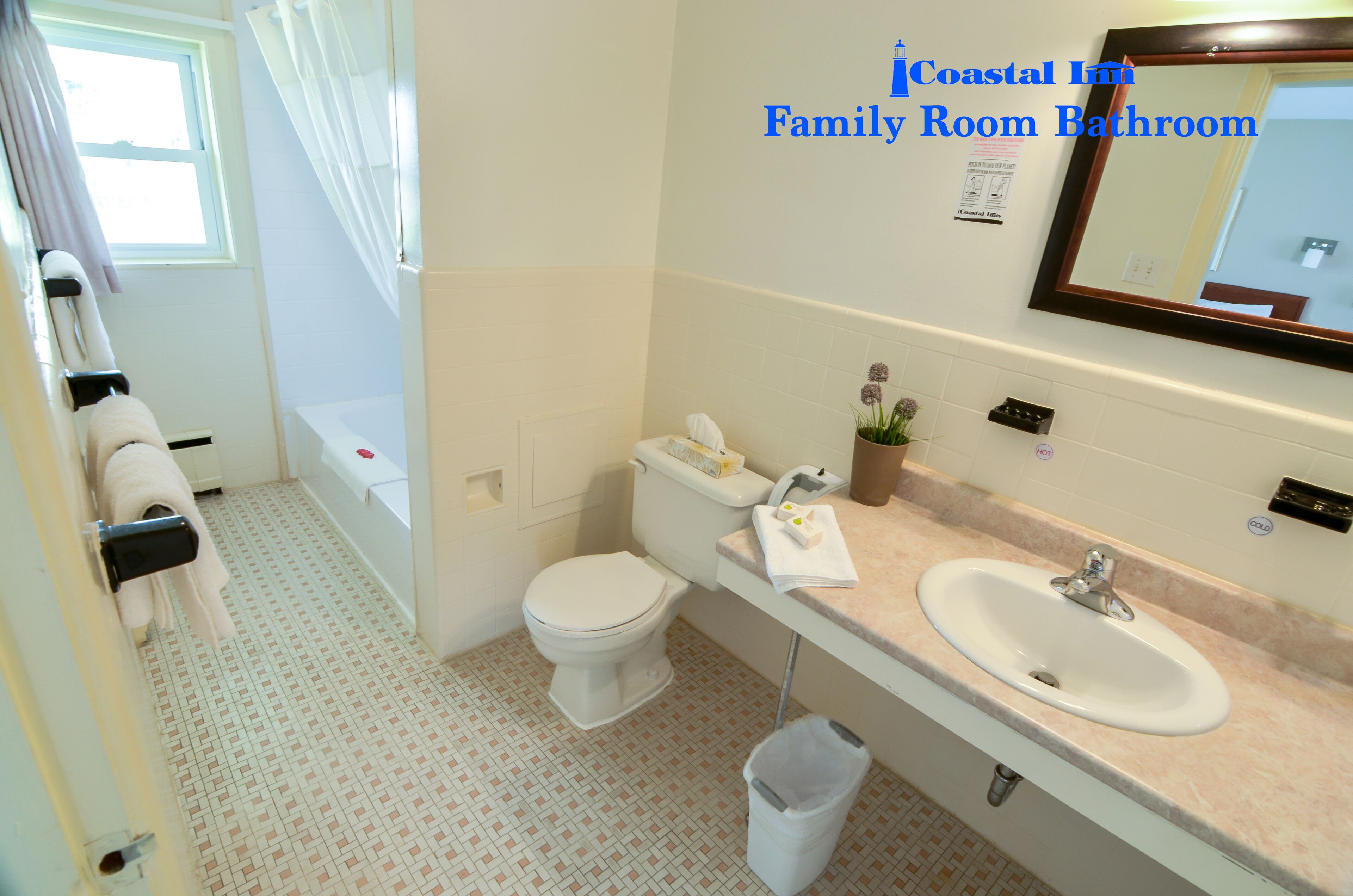 A family room bathroom with a toilet, sink, and bathtub.