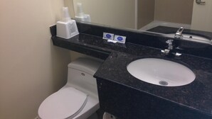 A bathroom with a white toilet, a black granite sink, and a mirror above the sink. - Red Carpet Inn New Brunswick (New Brunswick)
