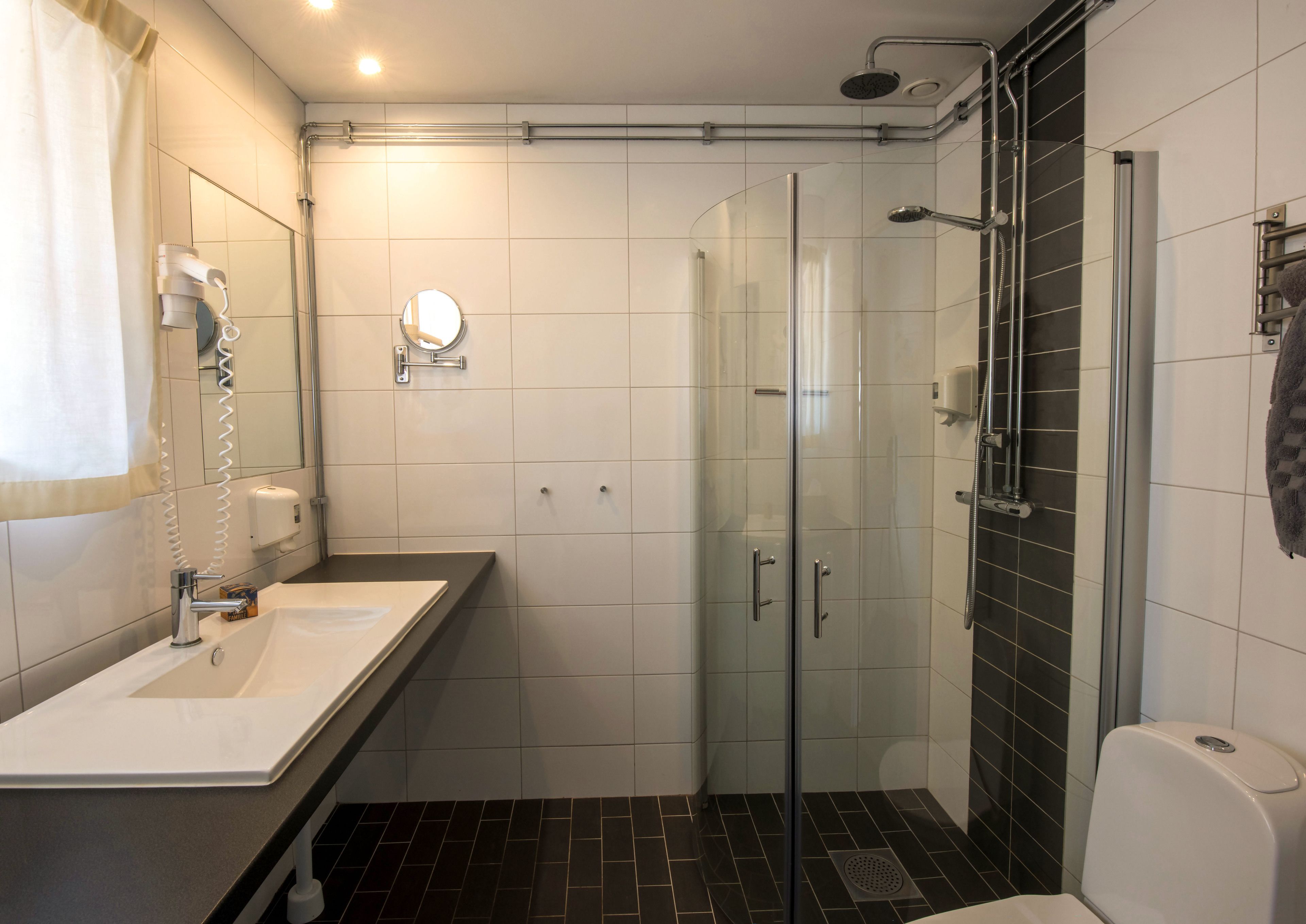 hair dryer, towels, soap, shampoo