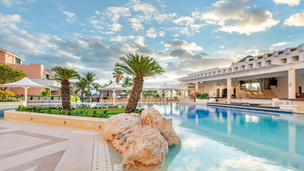 A swimming pool area with palm trees, a large rock feature, and a covered seating area.