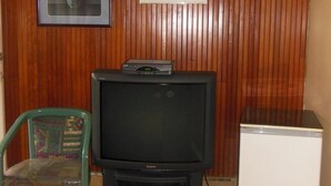 Habitación con paneles de madera, un televisor sobre un mueble bajo, un refrigerador pequeño y una silla con un cojín estampado.