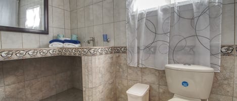 A bathroom with a toilet, a sink, and a mirror.