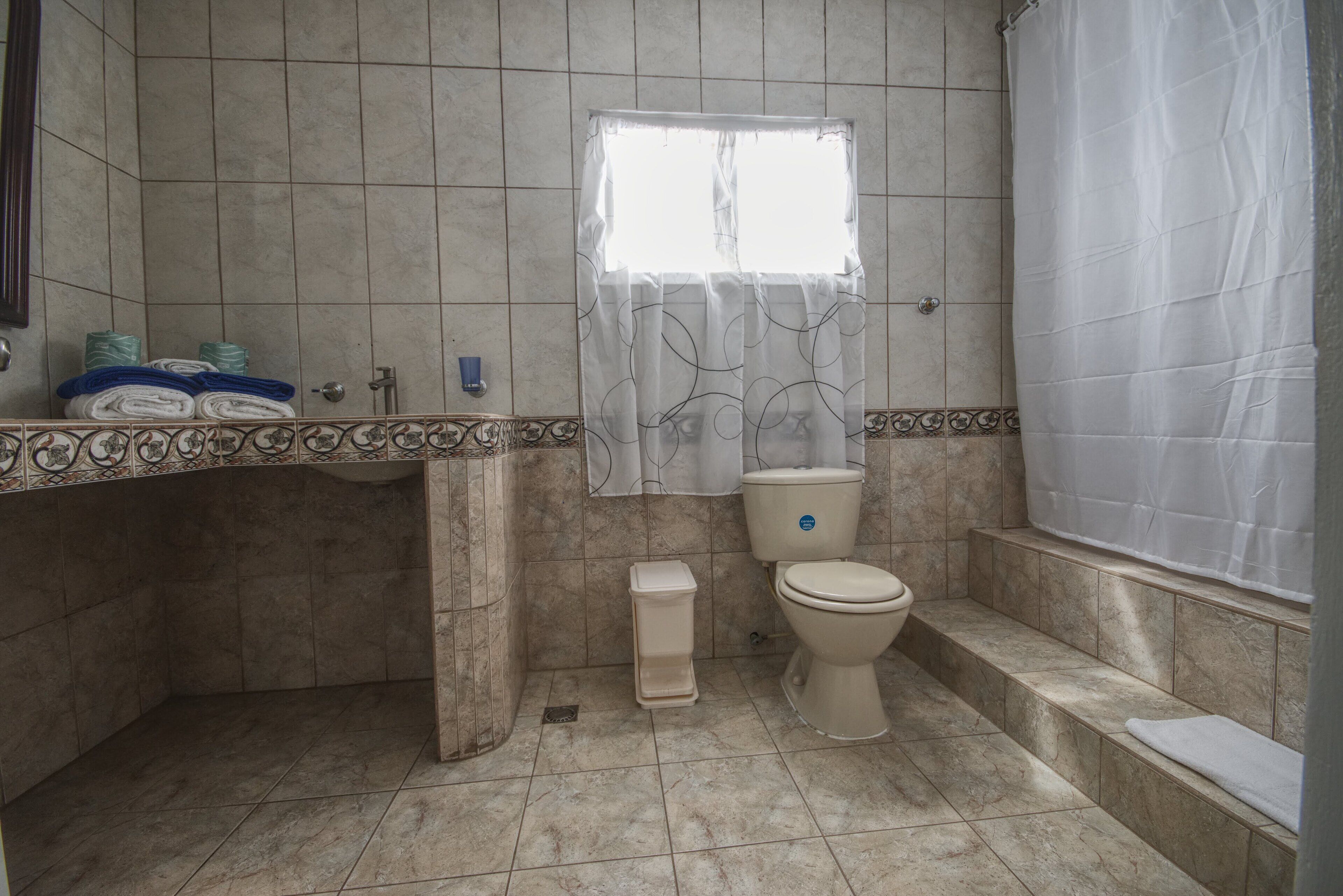 A bathroom with a toilet, a sink, a shower curtain, and a window.