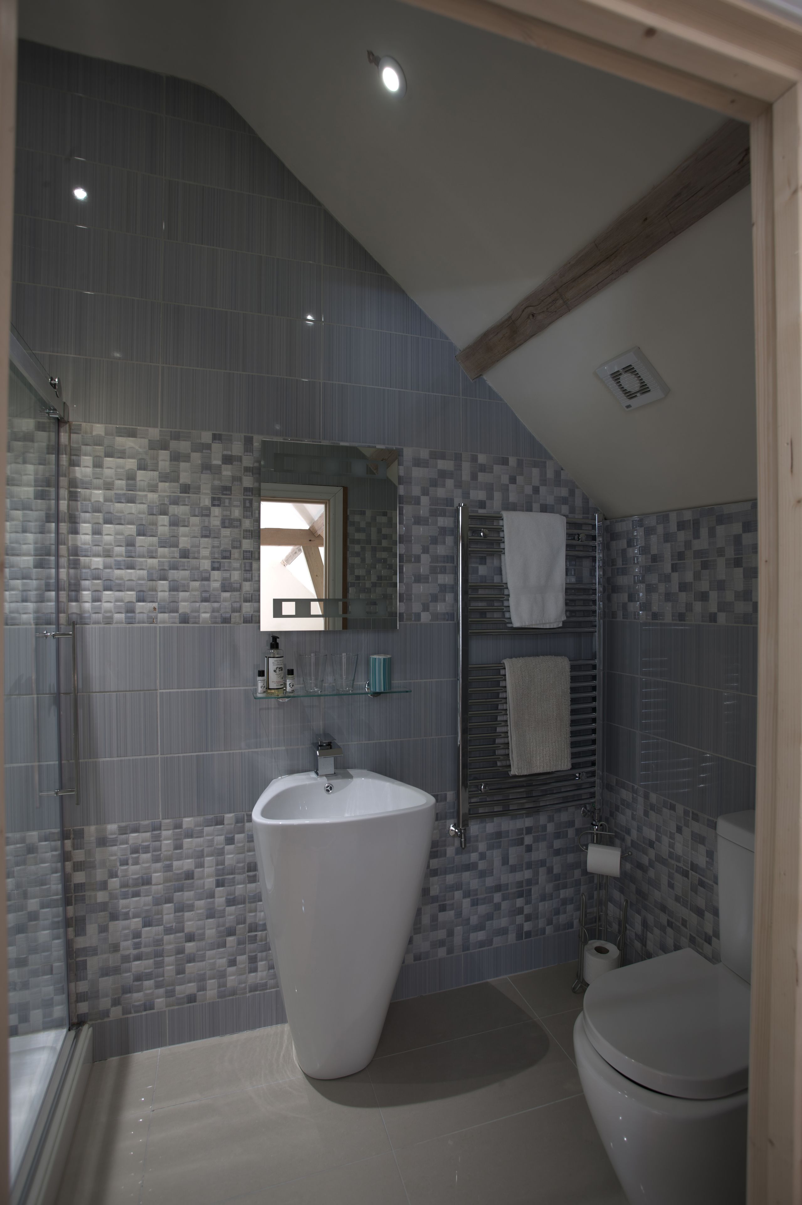 A modern bathroom with a large sink, a toilet, and a shower area.