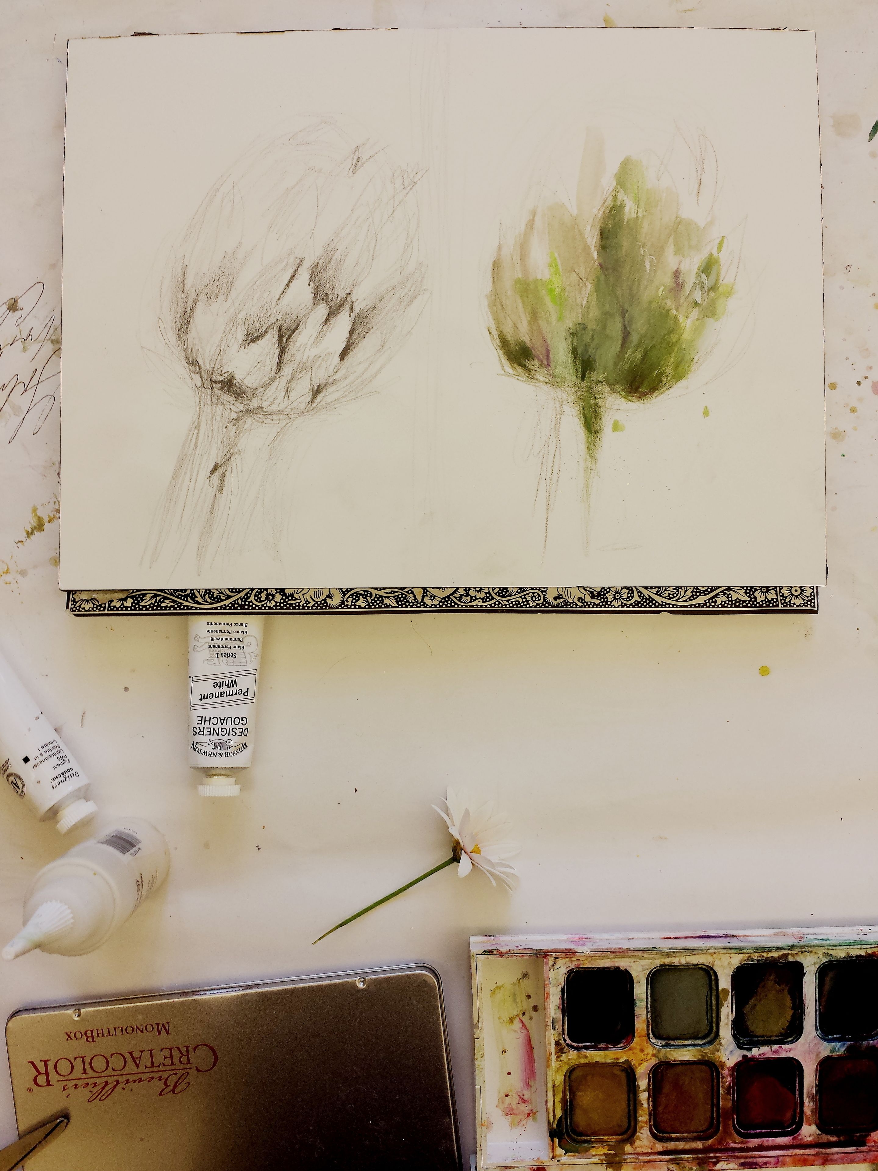 A sketchbook with a floral painting, art supplies, and a watercolor palette.