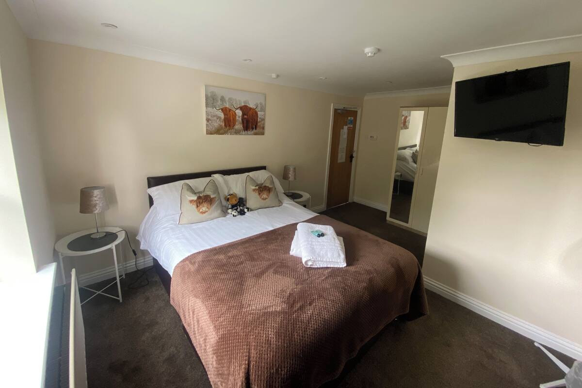 Une chambre d’hôtel avec un lit, un téléviseur à écran plat, un tableau au mur et une porte donnant sur une autre pièce.