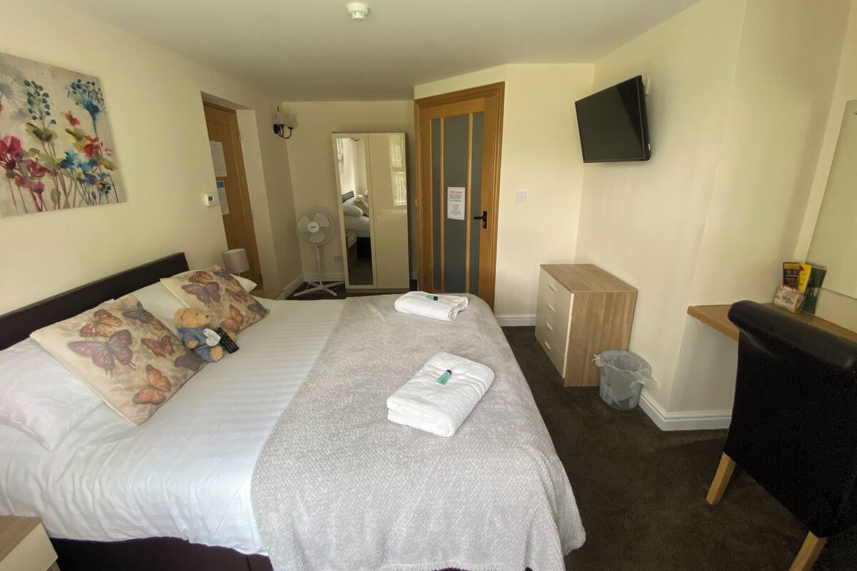 Une chambre d’hôtel équipée d’un lit, d’un bureau, d’une chaise, d’une télévision, d’un miroir et d’un ventilateur.