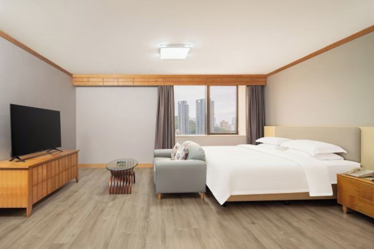 Een moderne hotelkamer met een groot bed, een televisie, een sofa en een raam met uitzicht over de stad.