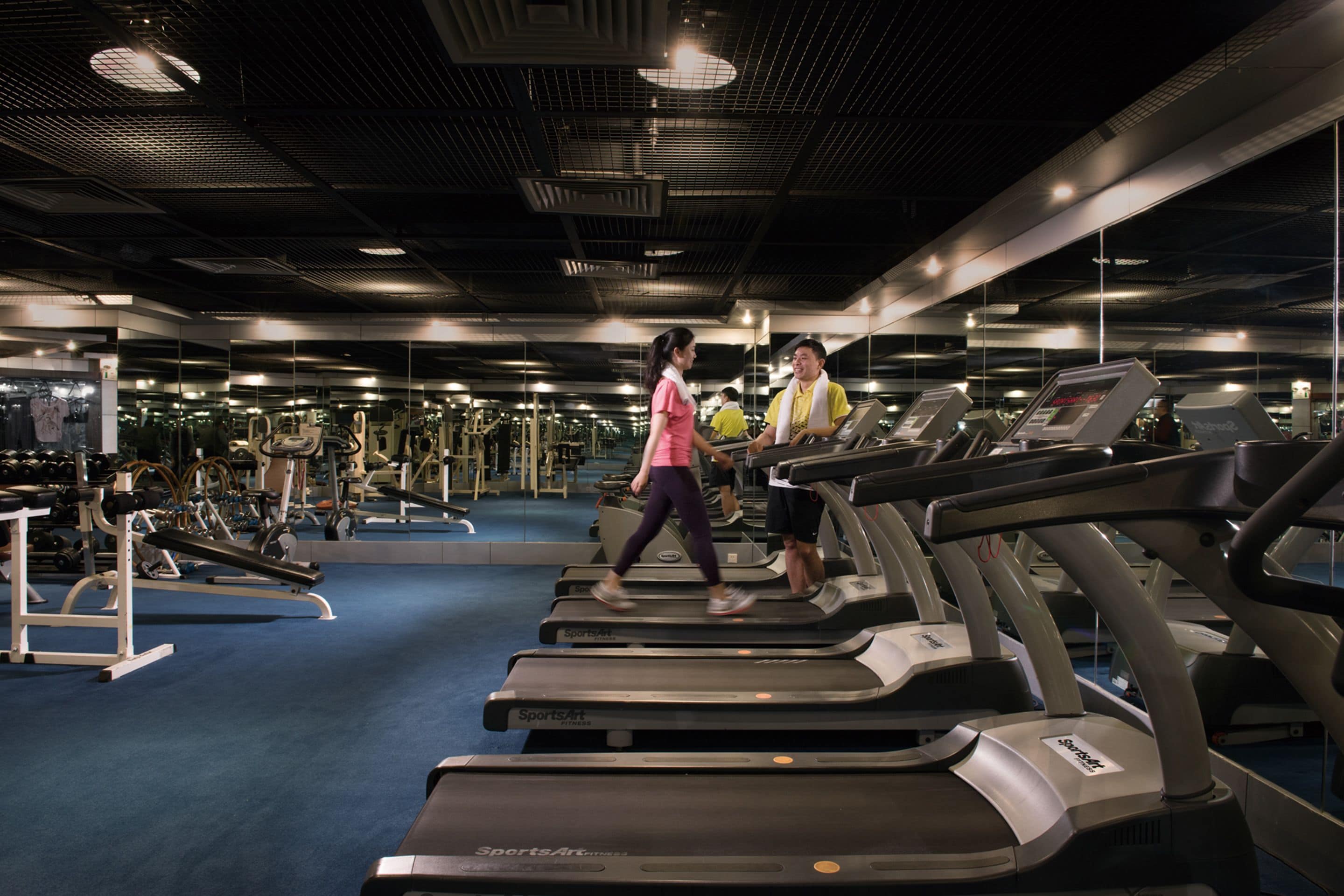 A gym with treadmills, weight machines, and a blue carpeted floor.