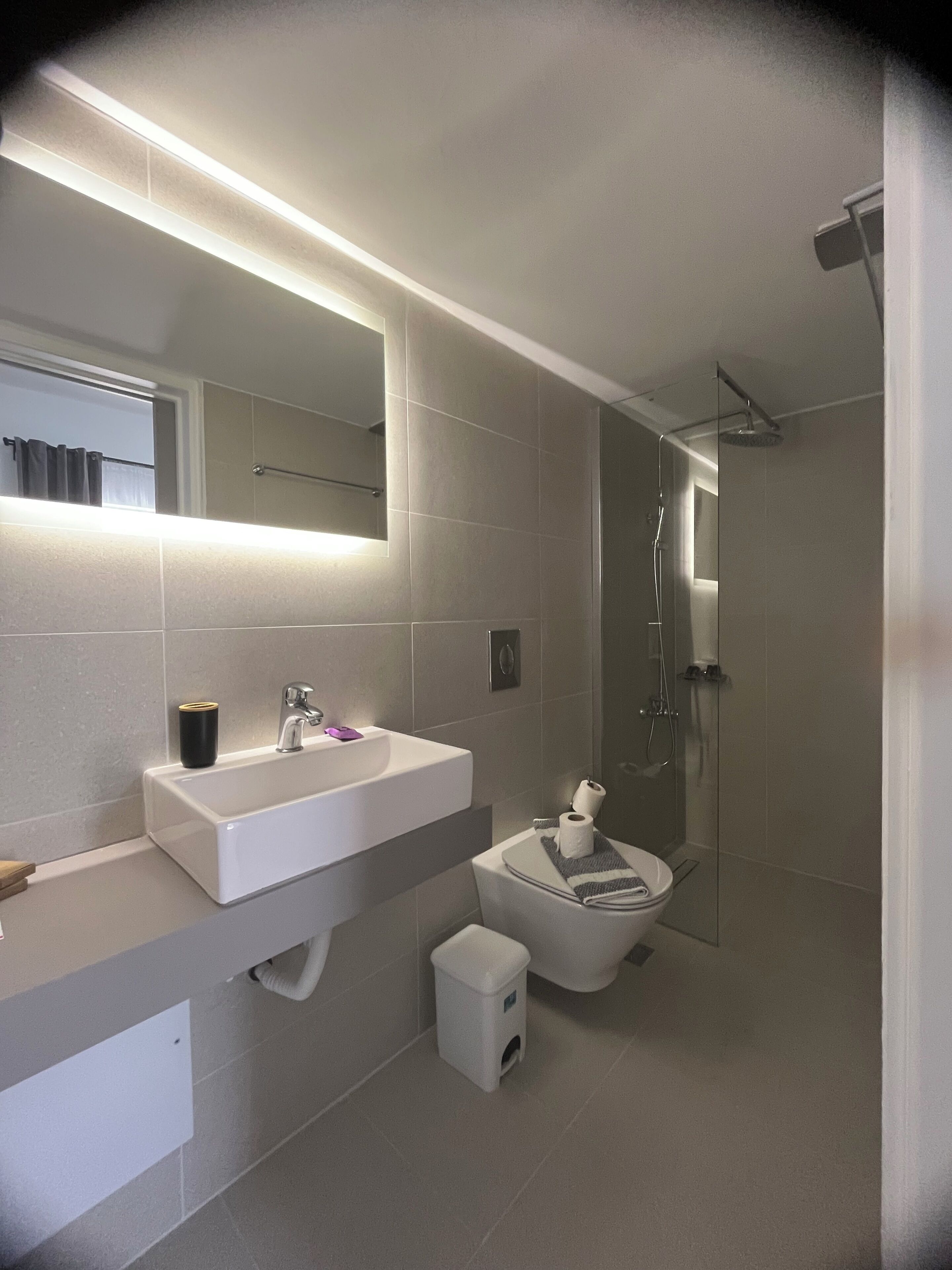 Un baño moderno con un espejo grande, un lavabo, un inodoro y una zona de ducha.