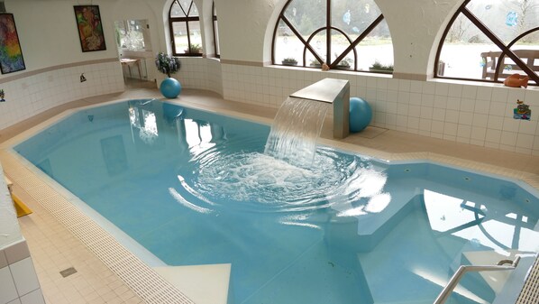 Indoor pool, open 7:00 AM to 9:00 PM, sun loungers