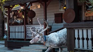 A rustic building with a reception sign, a wooden bench, and a deer statue. - Tankavaara Gold Village (Sodankyla)