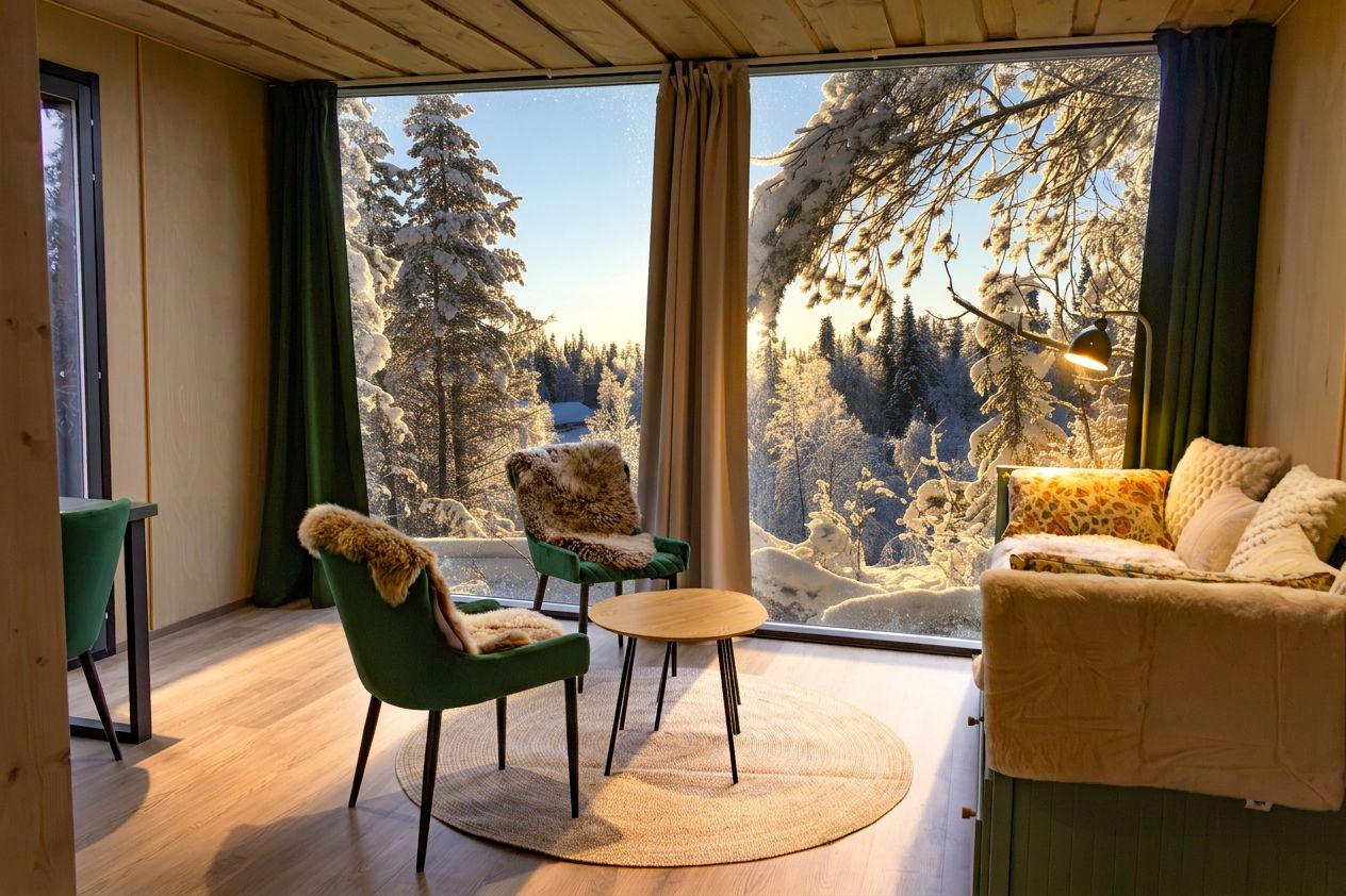 A room with a large window, a sofa, a chair, and a small table.