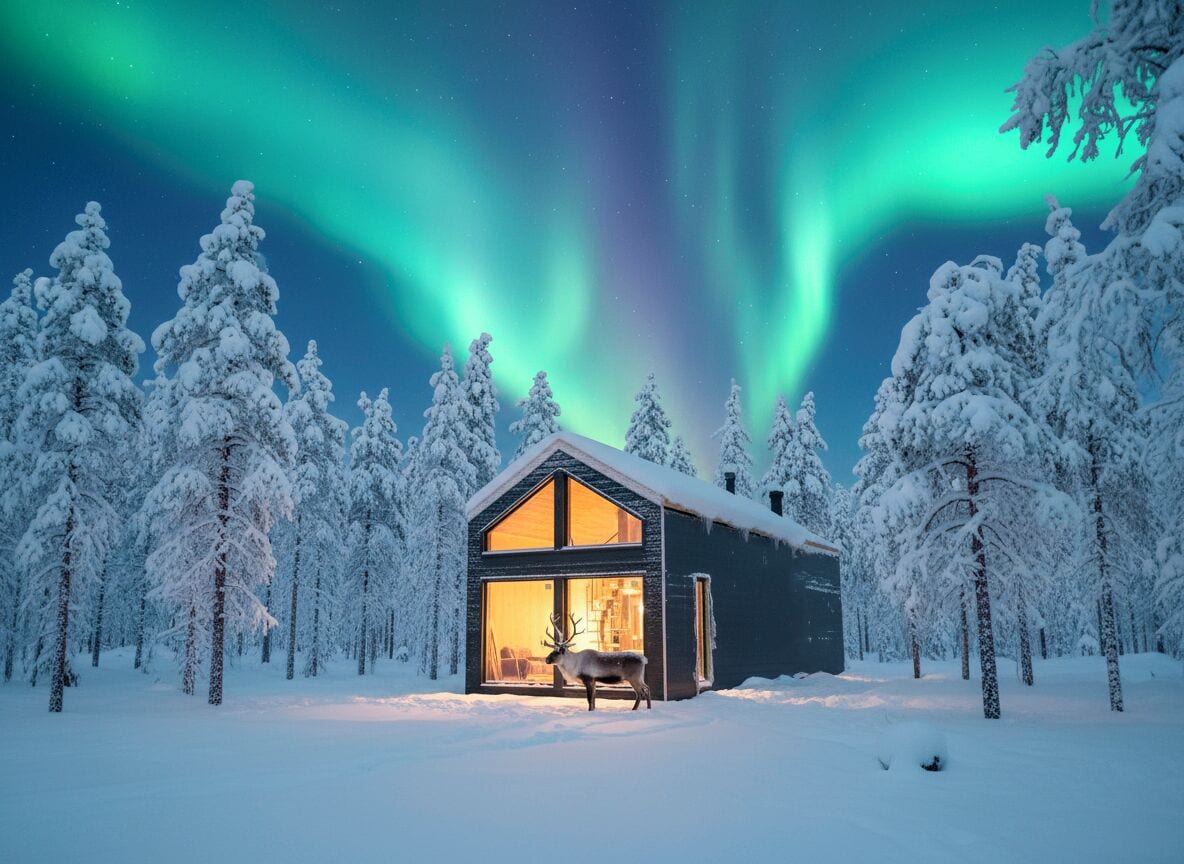 Une cabane dotée d’une grande porte vitrée, entourée d’arbres couverts de neige, sous un ciel nocturne illuminé par des aurores boréales.